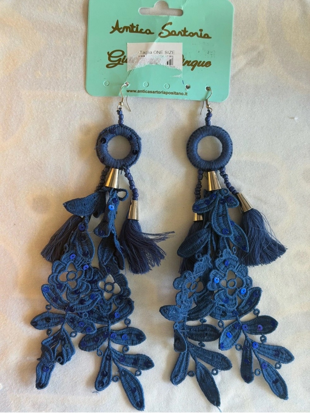 Antica Sartoria Navy Lace Tassel Drop Earrings NWT